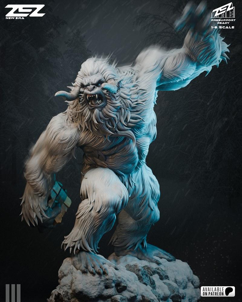 ZEZ Studio Yeti 3D model, 1:6 scale, roaring with sharp teeth and horns, standing on a snowy rock base, with falling...