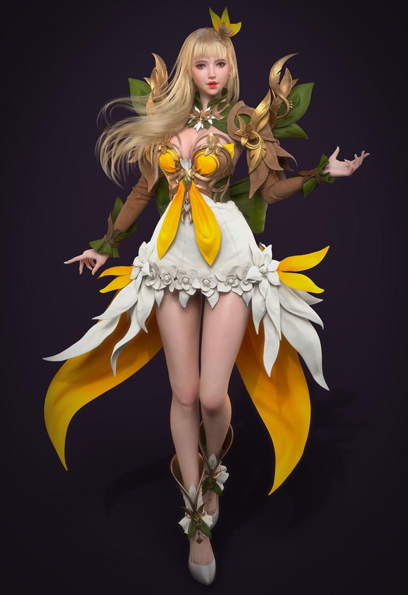 3D model of Elf Master by Zefeng Yang, a female elf in a yellow and white floral outfit with golden armor, blonde hai...