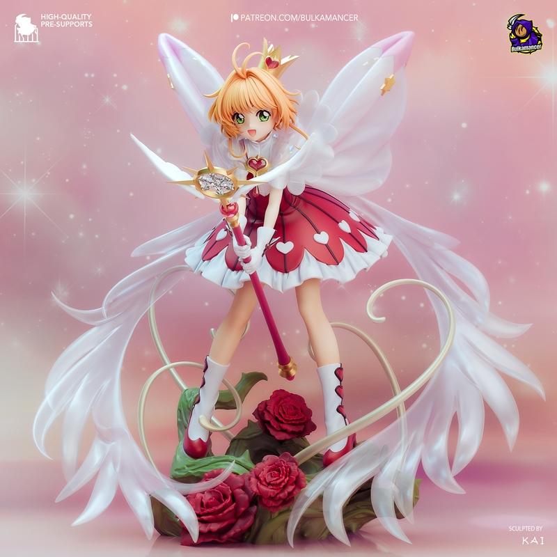 Sakura Kinomoto figure with large white wings, holding a star-tipped staff, wearing a red dress with heart accents, s...