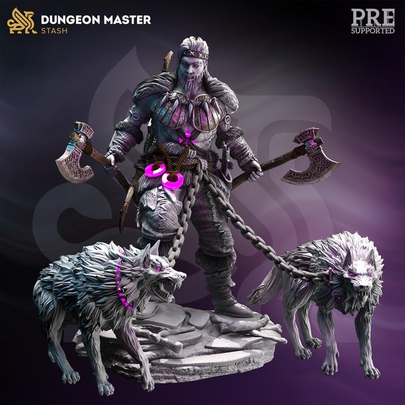 Viking warrior Wajoski with two chained wolves, holding two battle axes, on a rocky base. Glowing pink accents on wol...