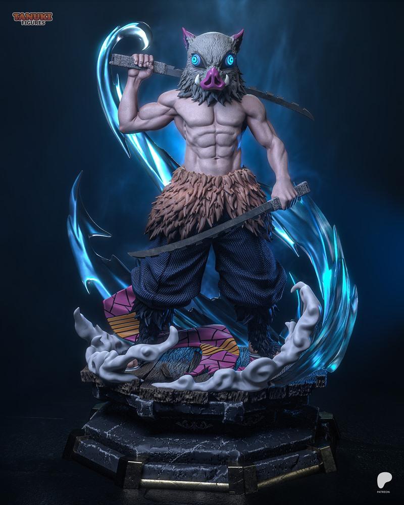 3D model figure of Inosuke Hashibira from Demon Slayer, wearing a boar mask and loincloth, wielding dual swords with...