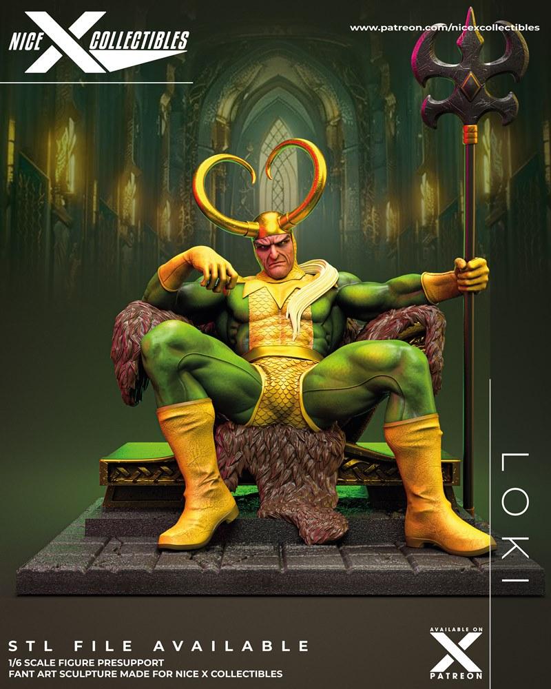 Loki figure seated on a throne, wearing green and gold costume with horned helmet, holding a scepter. 1/6 scale 3D mo...