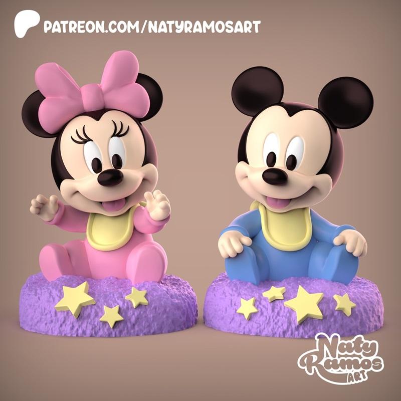 Baby Mickey and Minnie Mouse 3D models, Minnie in pink with a bow, Mickey in blue, both sitting on star-decorated pur...