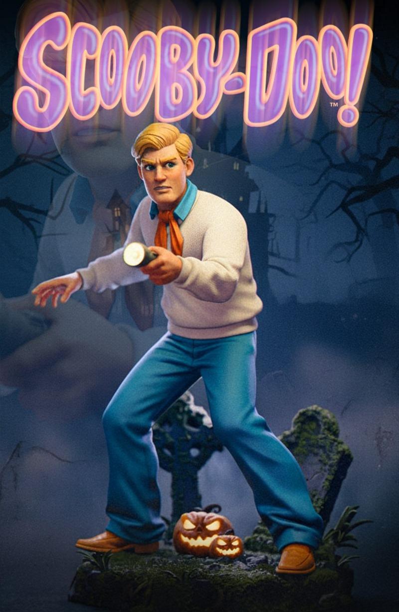 3D model figure of Fred Jones from Scooby-Doo holding a flashlight, standing on a diorama base with a tombstone and j...