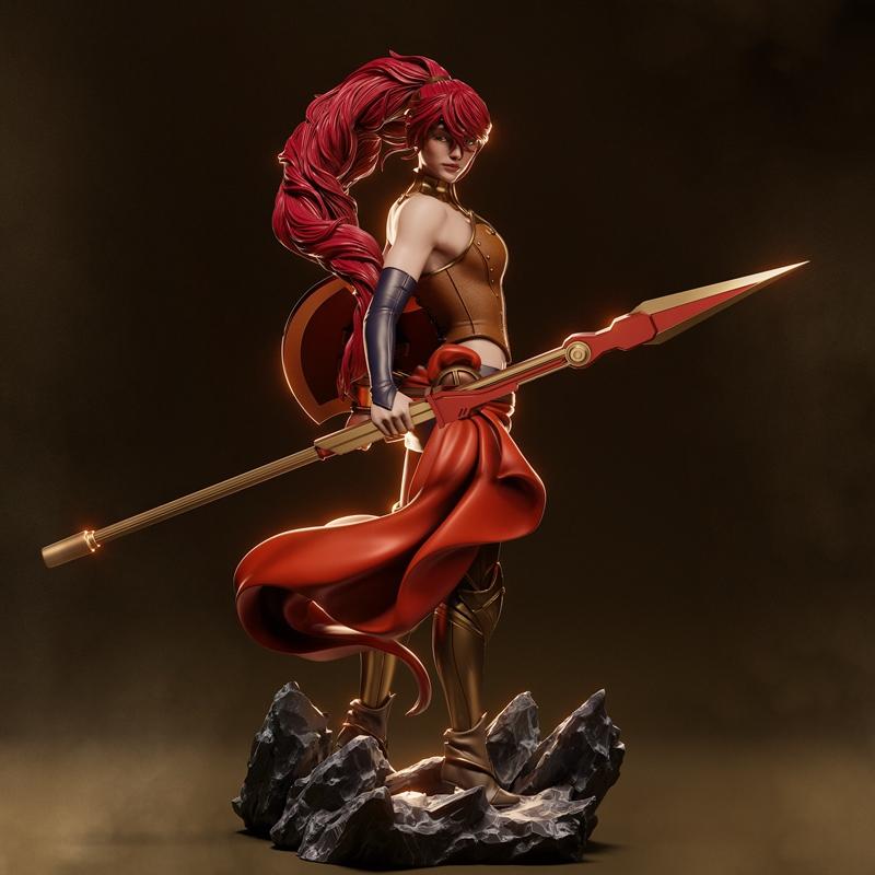 3D model of Pyrrha Nikos from RWBY, holding a spear and shield, with a flowing red cape, standing on rocks.