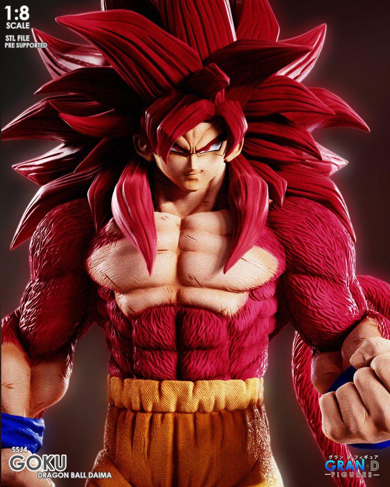 Goku in Super Saiyan 4 Daima form, 1:8 scale, with spiky red hair and fur, muscular chest, and orange pants. Model by...