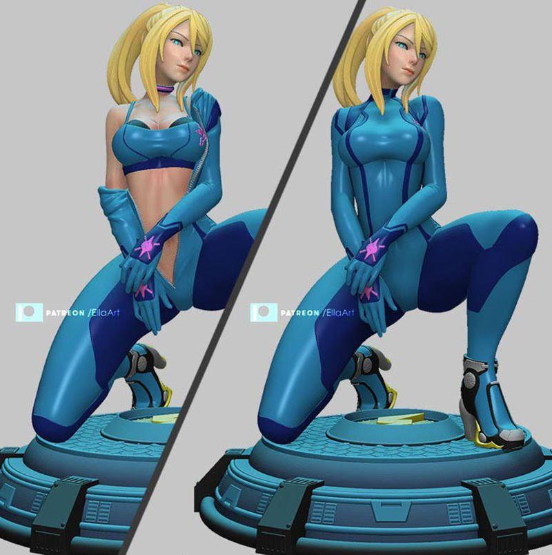 Samus Aran in Zero Suit, crouching on a detailed sci-fi base. Two views show the figure from slightly different angle...