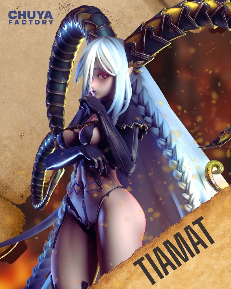 3D model of Tiamat, a female demon with white hair, red eyes, large horns, and dark revealing armor, wearing large wi...