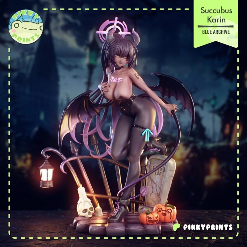 3D model of Kakudate Karin as a succubus, with black wings, horns, and revealing outfit, posed on a gothic diorama wi...