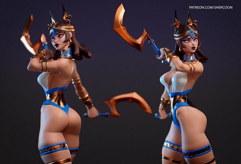 Mirit 3D model figure, Egyptian-inspired, wearing revealing blue and gold outfit, holding two golden scythes, jackal-...