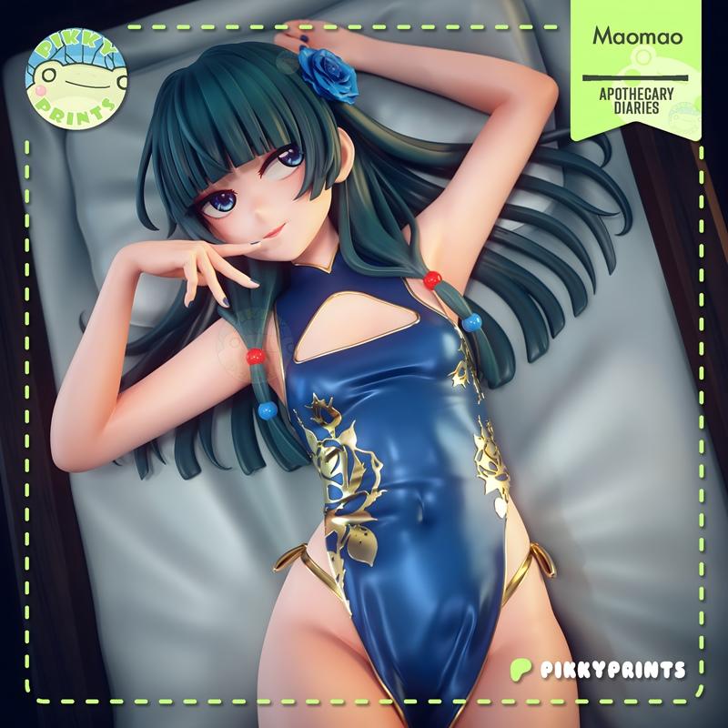 Maomao from Apothecary Diaries lying down, wearing a revealing blue cheongsam with gold floral details. She has long...