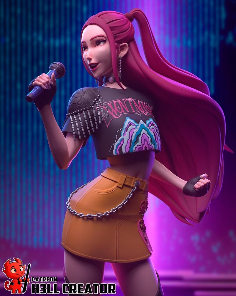 3D model of Mira, a K-pop demon hunter, holding a microphone on stage. She wears a cropped t-shirt, orange skirt with...