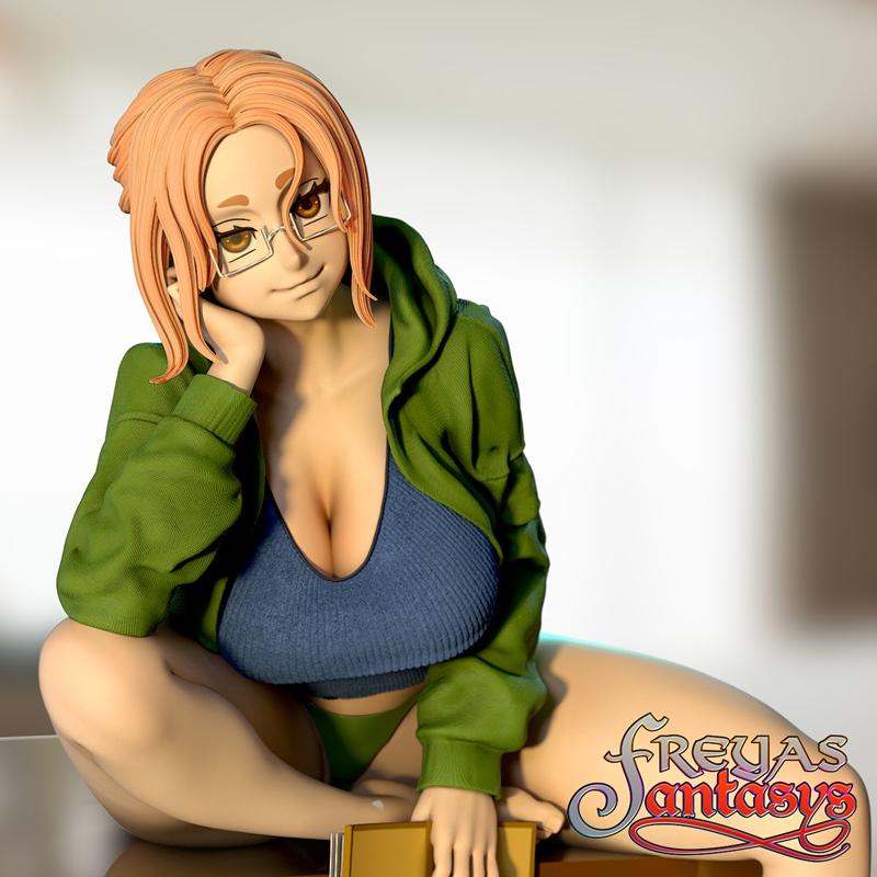 Sumireko Ogawa 3D model, anime style, wearing glasses, green hoodie, blue tank top, and green bottoms, sitting with h...