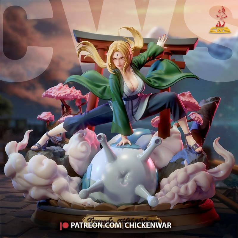 Tsunade Hokage 3D model in dynamic action pose, wearing green robe and dark pants, with blonde hair, on a base featur...