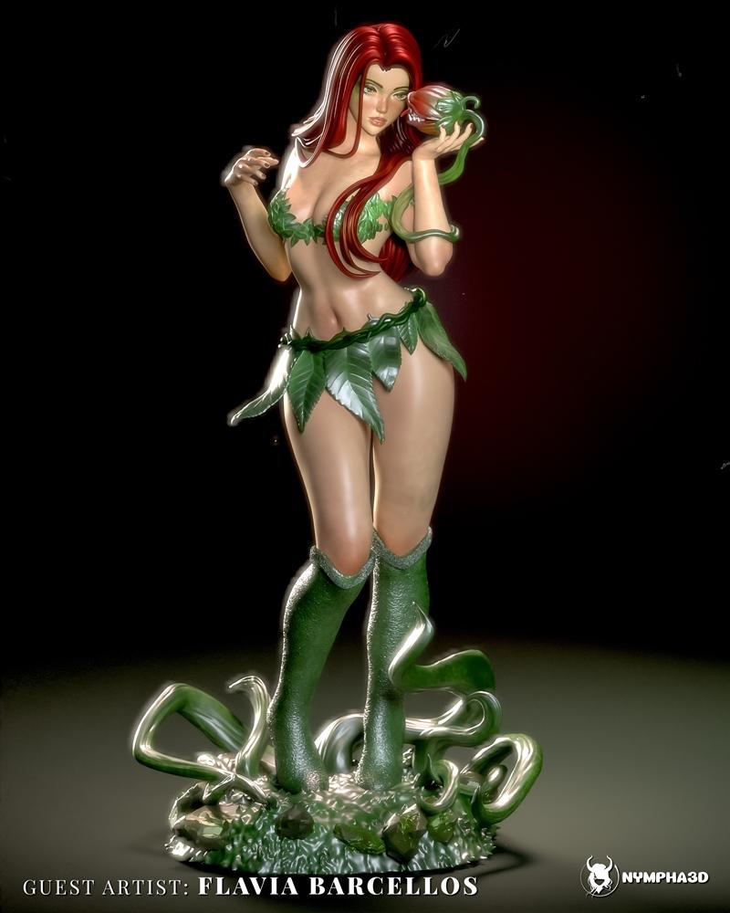 Poison Ivy 3D model figure, red hair, green leaf costume, holding a plant, standing on a vine base.