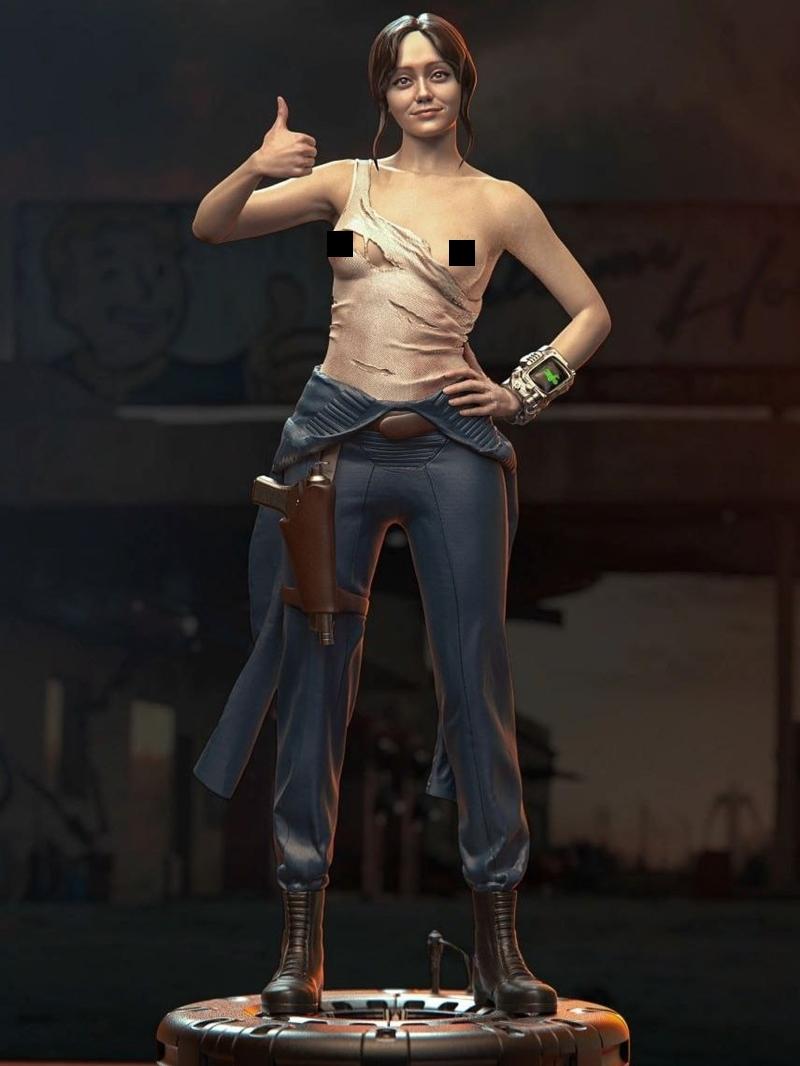 Lucy MacLean 3D model from VX-Labs, giving a thumbs-up, wearing torn tank top, blue pants, boots, and a Pip-Boy. Hols...
