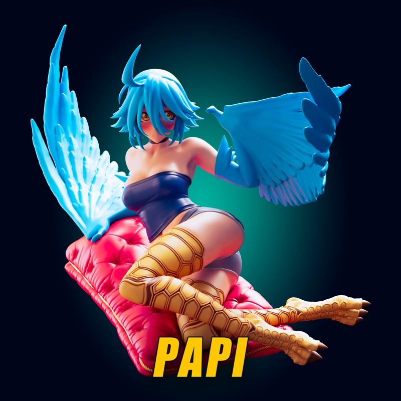 3D model of Papi, a blue-haired harpy girl from Monster Musume, sitting on a red cushion with large blue wings spread.