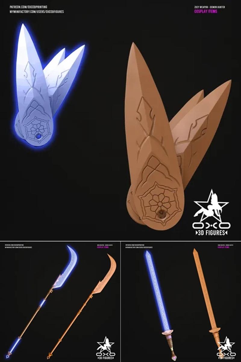Collection of 3D printable weapon models: two glowing blue and two wooden chakrams, a glowing blue and a wooden glaiv...