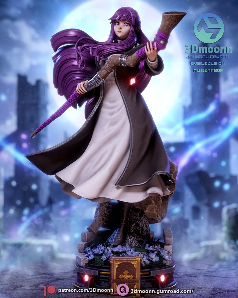 Fern from Sousou no Frieren anime character 3D model, holding a staff, wearing a dark cloak and white dress, with lon...
