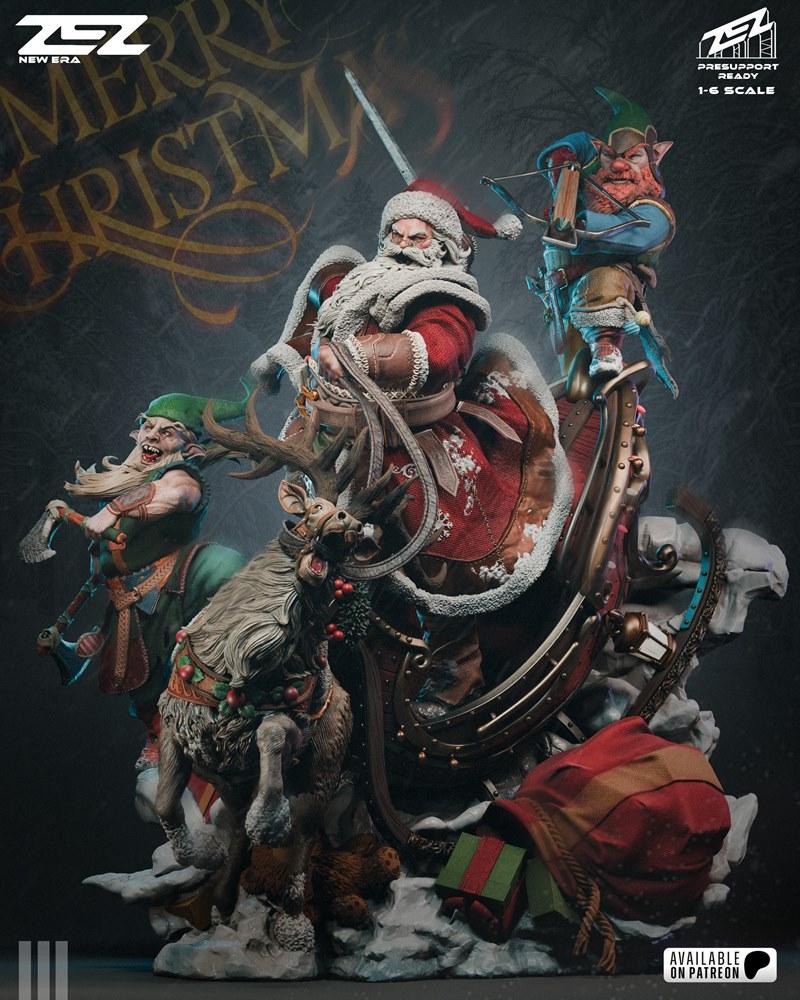 ZEZ Studio 1:6 scale Santa Claus figure in a sleigh with a reindeer, two elves, a sword, crossbow, axe, and gift sack.