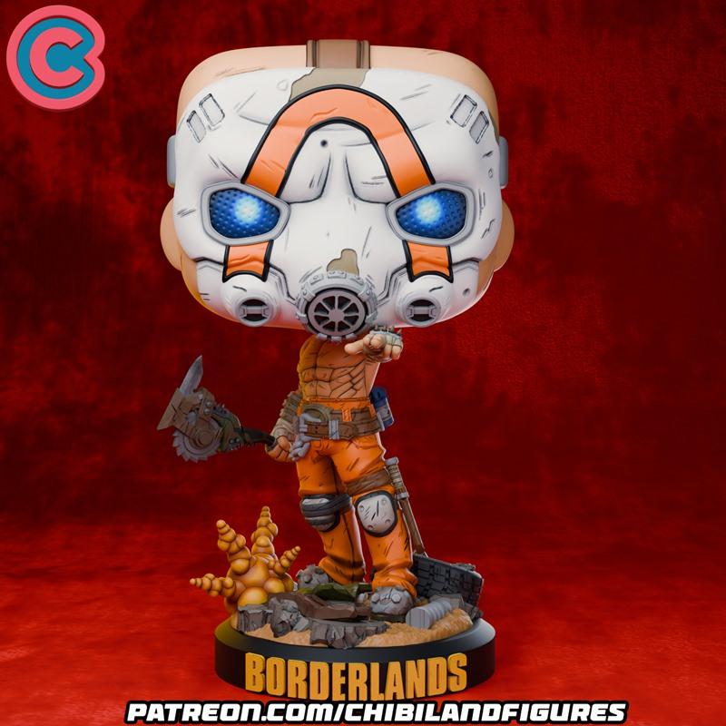 Chibi Psycho figure from Borderlands, wearing a white and orange mask with glowing blue eyes, holding an axe, standin...