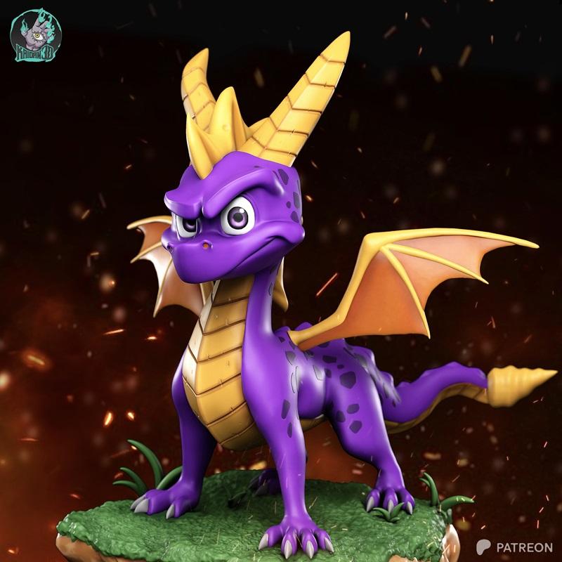 Purple dragon with yellow horns and wings, Spyro, stands on a grassy base with a determined expression. Studio Kaidan...