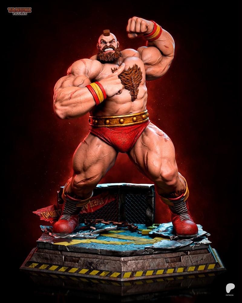 3D model of Zangief from Street Fighter, a muscular wrestler in red trunks and boots, striking a heroic pose on a det...