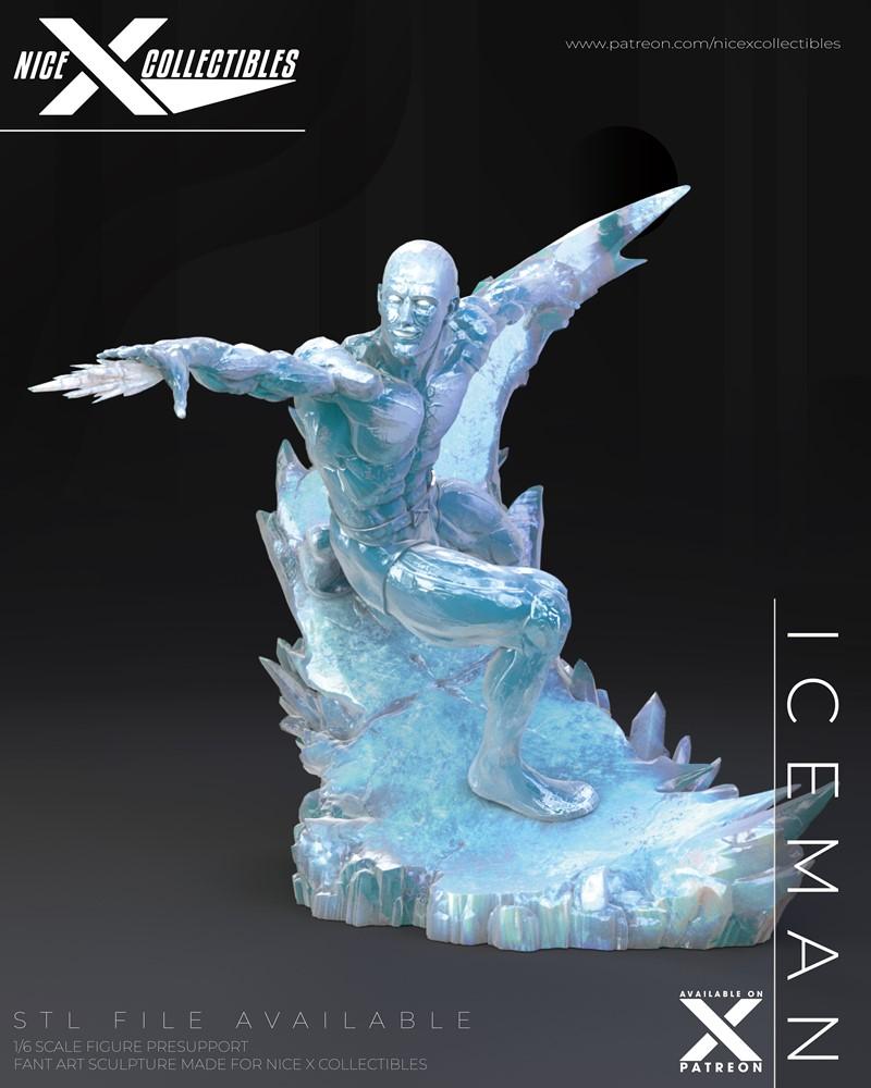 1:6 scale 3D print model of Iceman from X-Men, posed dynamically on an ice base with ice wings.
