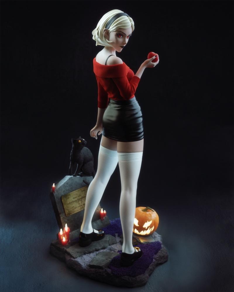 Sabrina Spellman 3D model with red off-shoulder top, black skirt, and white thigh-highs, holding an apple. Diorama ba...