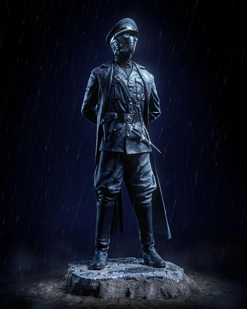 Karl Ruprecht 3D model figure in a dark military uniform with a cap and mask, standing on a stone base in simulated r...