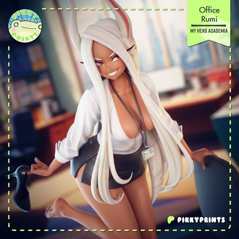 Mirko from My Hero Academia in an office setting, wearing an unbuttoned white shirt and short skirt, holding a high h...