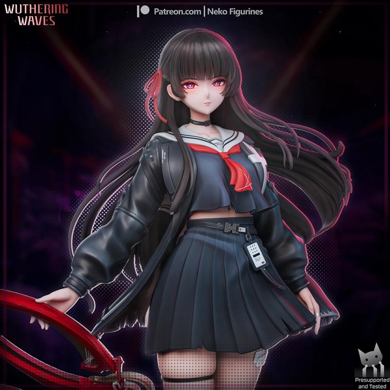 3D model of Chisa from Wuthering Waves, wearing a dark school uniform with a red scarf and ribbon in her hair, red ey...
