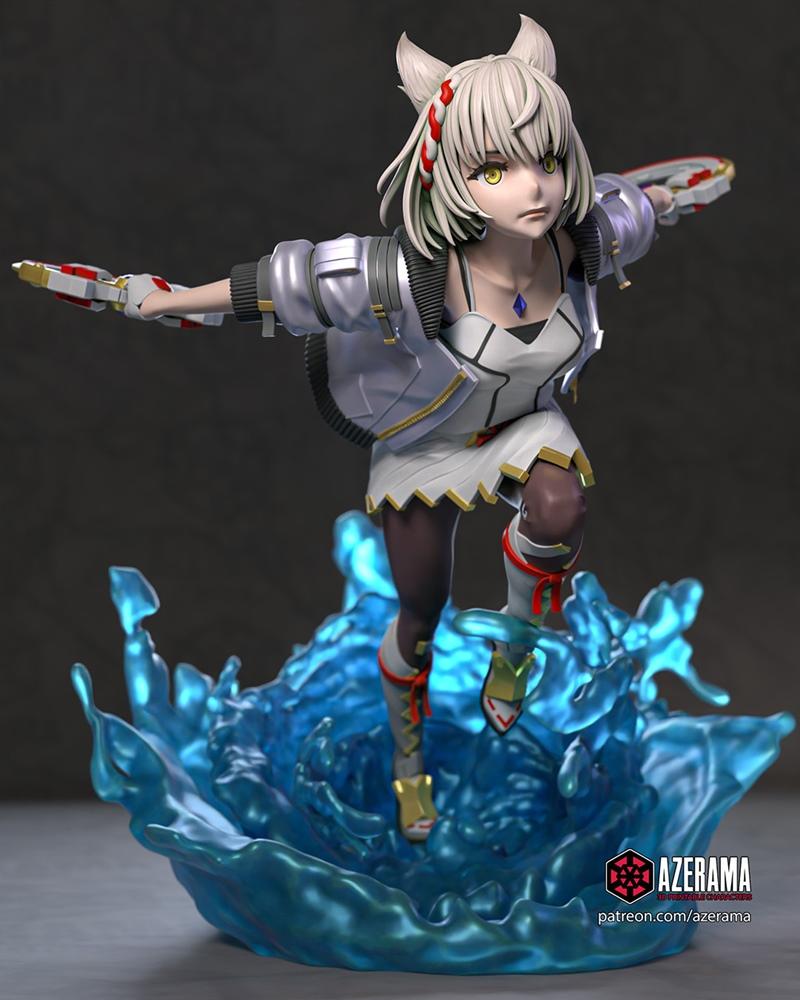 Mio from Xenoblade Chronicles 3D model by Azerama, posed dynamically on a water splash base, holding dual weapons.