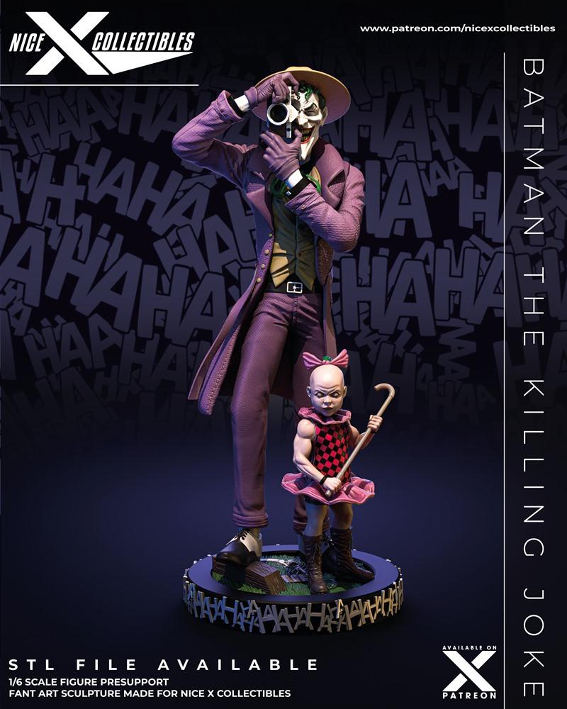 Joker character 3D model, holding a camera, with a child figure on a base. Purple suit, fedora, 'HA HA HA' background...