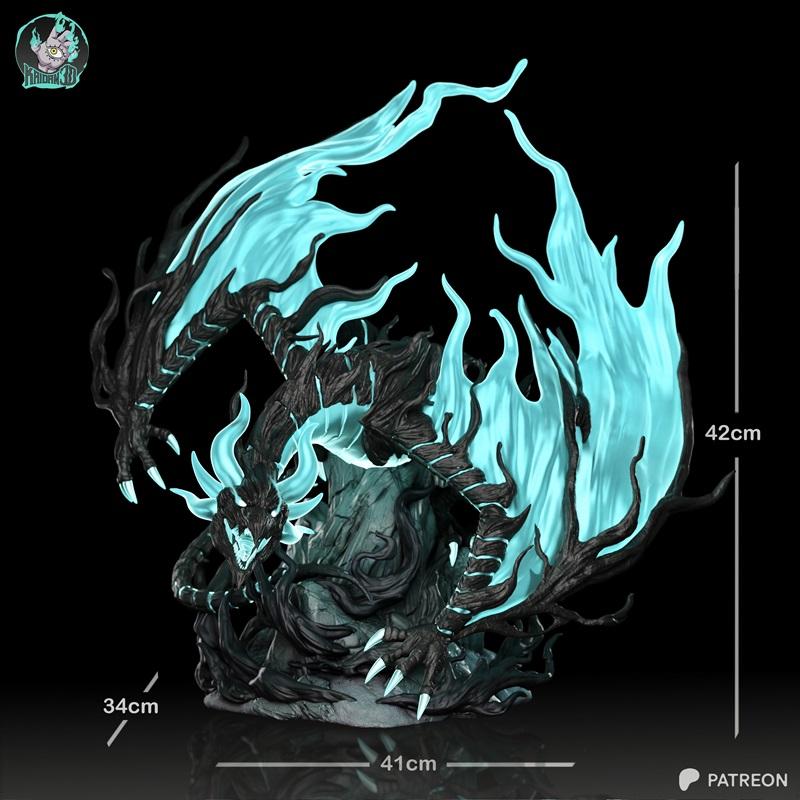 A large, dark dragon with glowing blue ethereal flames on its wings and body, perched on a rock. Dimensions 42cm H x...
