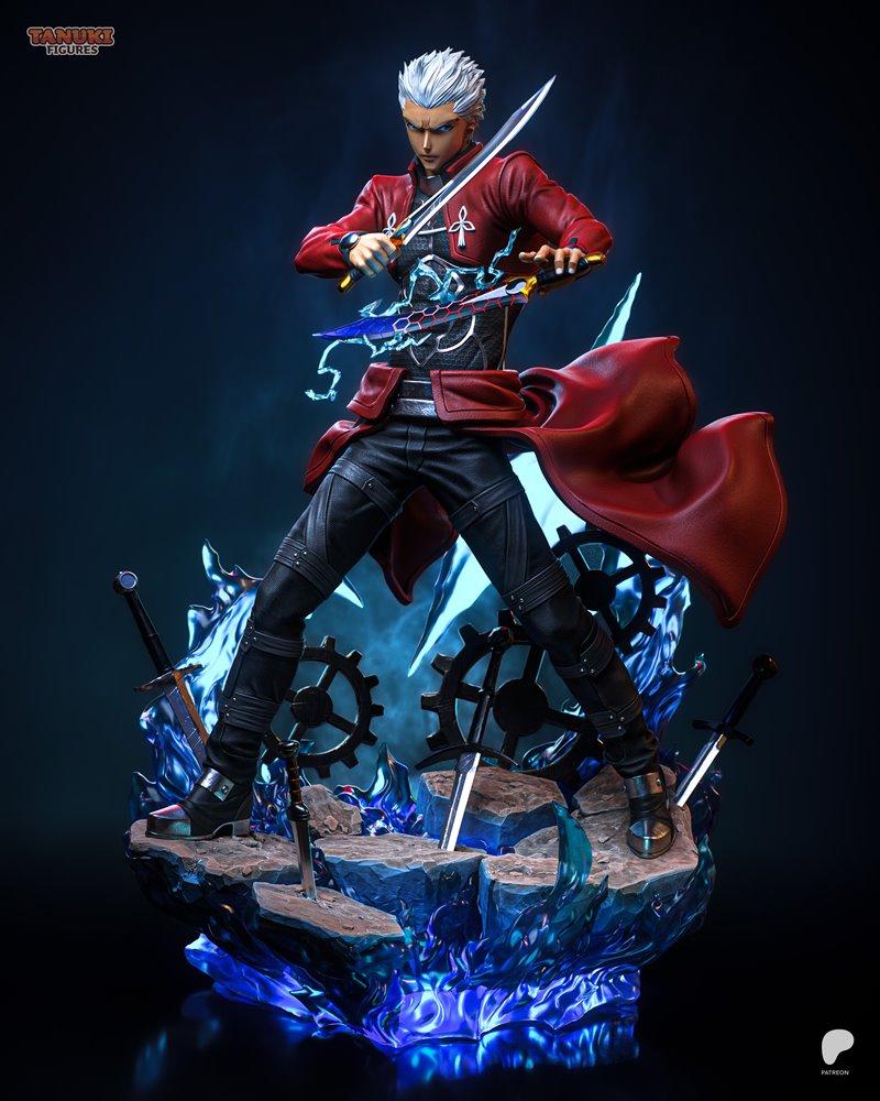 Archer from Fate/stay night figure by Tanuki Figures, wielding two swords with blue energy, wearing a red coat and bl...