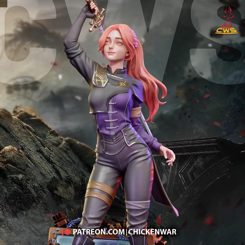 Maelle, a female warrior with pink hair, holds a sword above her head. She wears a purple and grey tactical outfit wi...
