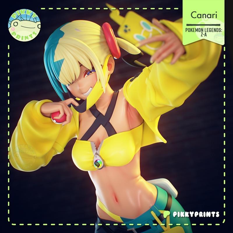 3D model of Canari from Pokemon Legends: Z-A, wearing a yellow crop top and jacket, holding a Pokeball. Anime-inspire...