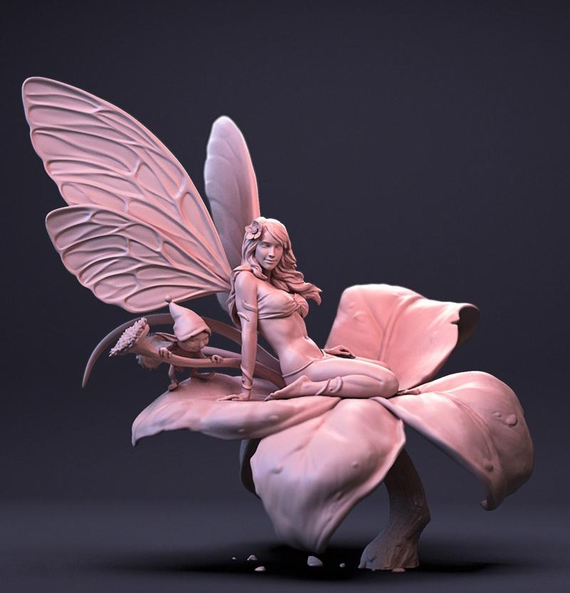 3D model of a fairy with large wings sitting on a flower, with a small gnome beside her.