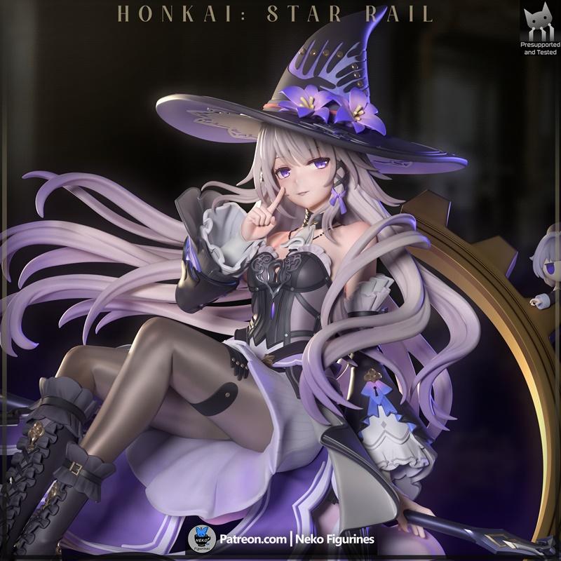 Herta from Honkai: Star Rail as a witch figure, wearing a large hat and gothic-inspired outfit, holding a staff, 3D m...