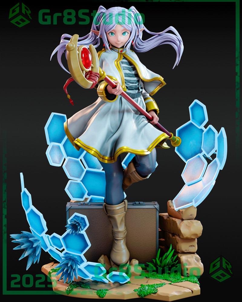 Frieren from Sousou no Frieren anime, depicted as a 3D printable figure. She wears a white cloak with gold trim and a...