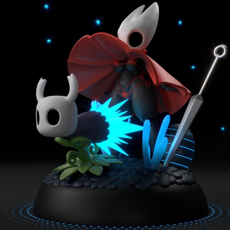Hollow Knight diorama featuring Hornet in a revealing outfit and the Knight, with a needle weapon and glowing blue en...