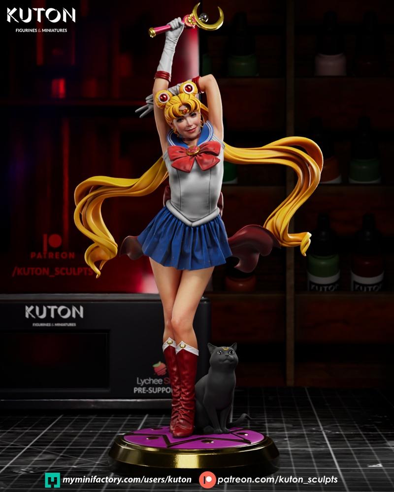 Sailor Moon 3D model figure by Kuton Figurines, holding a crescent moon wand, wearing a blue skirt and white sailor t...