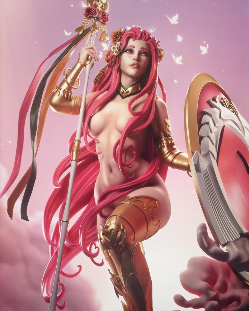 3D model of Aphrodite, nude with pink hair, wearing gold armor on legs and arms, holding a staff and shield.