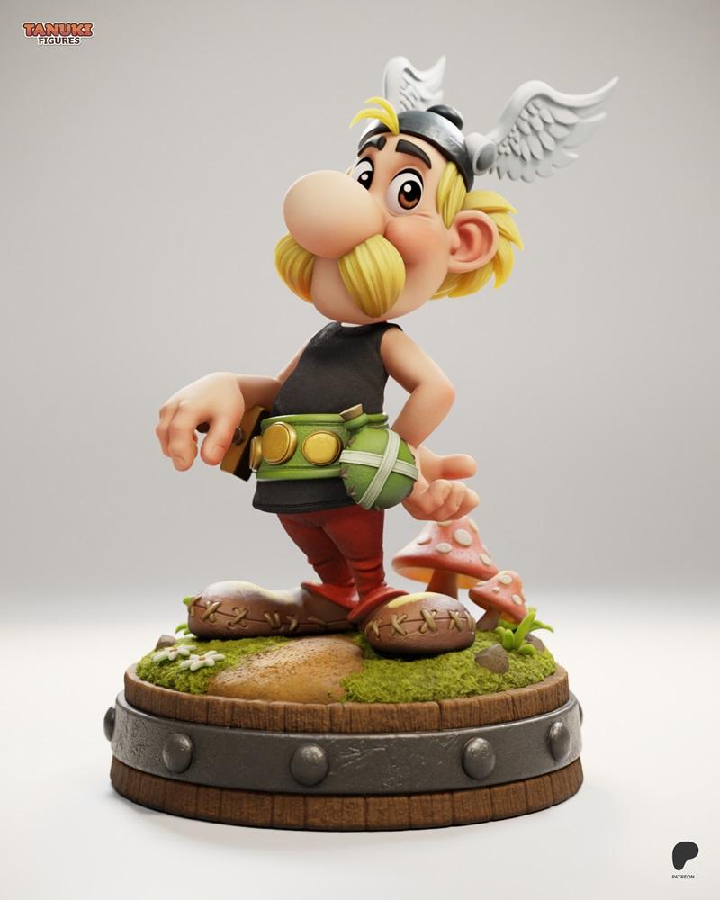 Asterix character figure by Tanuki Figures, wearing a winged helmet and black tunic, standing on a barrel base with g...