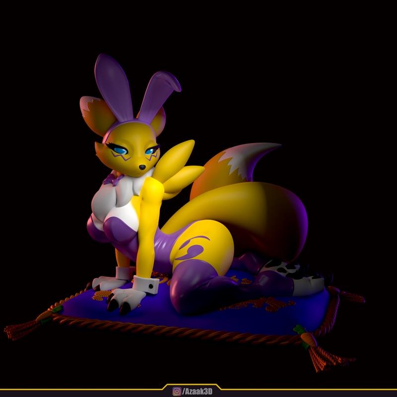 Renamon in a revealing purple and yellow bunny suit, wearing bunny ears, posed seductively on a decorative cushion. T...