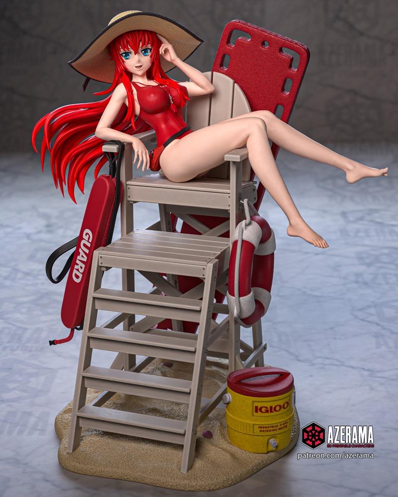 Rias Gremory in red swimsuit and straw hat sits on a lifeguard chair on a beach, with a lifebuoy and rescue tube. Aze...