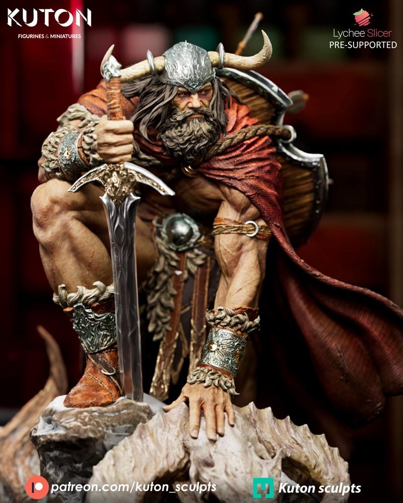 Viking warrior Draven crouching with sword, wearing horned helmet, fur cloak, and ornate armor. Detailed sculpt by Ku...