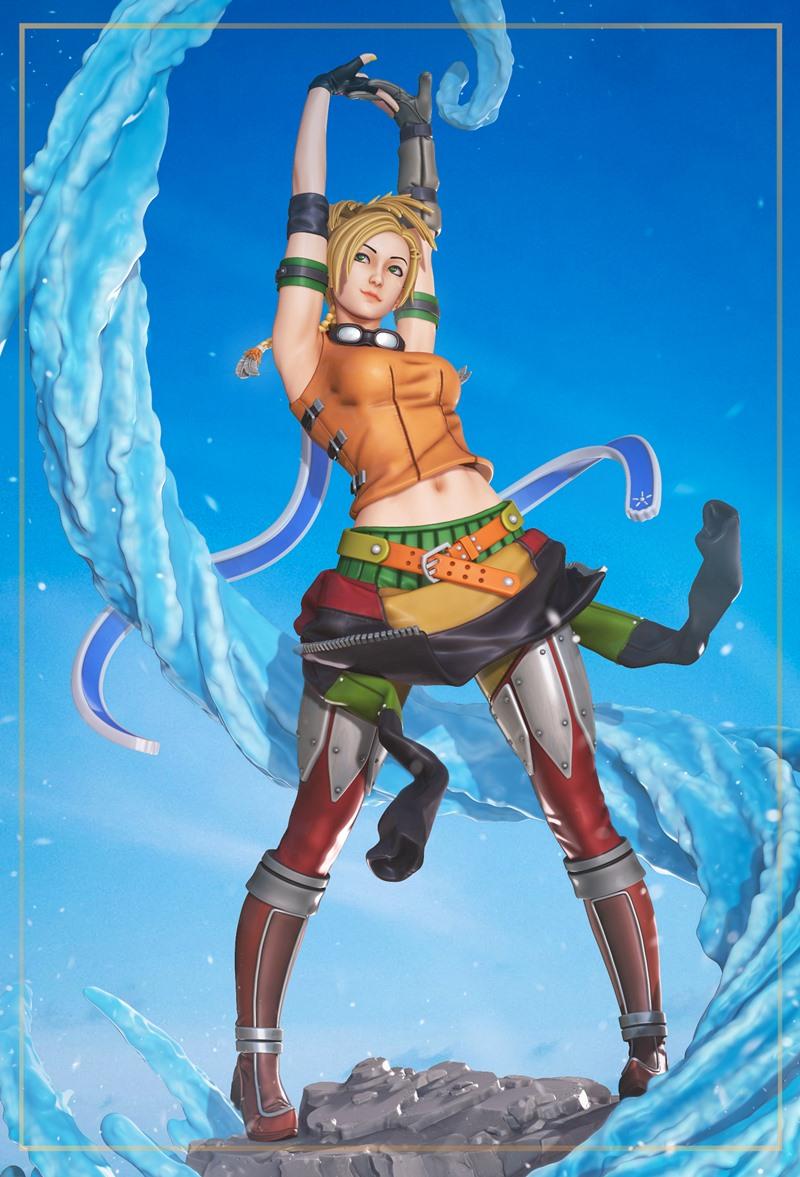 Rikku from Final Fantasy striking a heroic pose with arms raised, surrounded by blue water effects. She wears an oran...