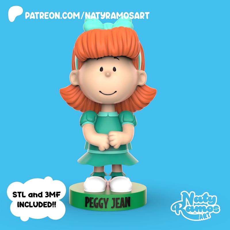 3D model figure of Peggy Jean from Peanuts, with orange hair, blue bow, and green dress, standing on a base.